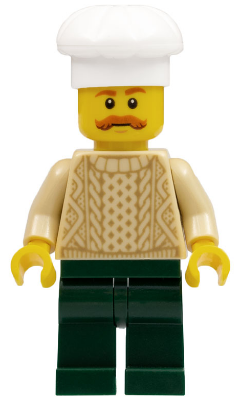 hol129   Minifigure   Chef - Tan Knit Sweater, Dark Green Legs, Bushy Moustache