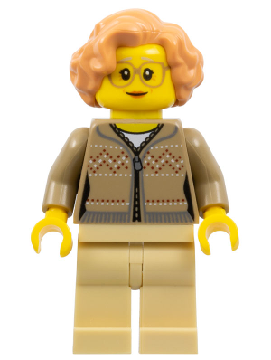 hol165   Minifigure   Grandmother - Dark Tan Fair Isle Sweater, Tan Legs, Nougat Hair, Glasses