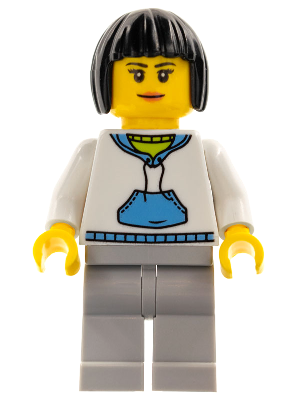 LEGO® Minifigure Woman, Black Hair, White Hoodie with Medium Blue Pocket, Light Bluish Gray Legs (hol193)