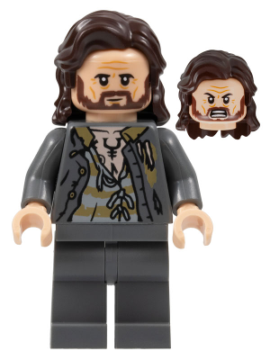 LEGO® Minifigure Sirius Black - Dark Brown Hair, Dark Bluish Gray Jacket over Tattered Striped Shirt, Plain Legs (hp352)