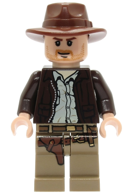 iaj001 Minifigure Indiana Jones - Dark Brown Jacket, Reddish Brown Fedora, Closed Mouth Lopsided Grin