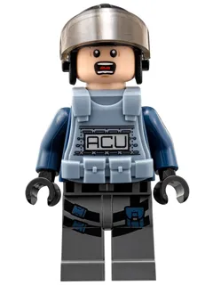 LEGO® Minifigure ACU Trooper - Male, Black Aviator Cap with Trans-Brown Visor, Light Nougat Head, Sand Blue Body Armor Vest (jw004)