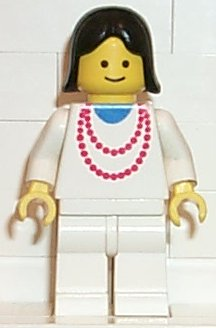 ncklc006 Minifigure Necklace Red - White Legs, Black Female Hair