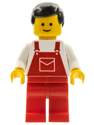 ovr010 Minifigure Overalls Red with Pocket, Red Legs, Black Male Hair