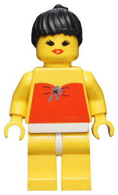 LEGO® Minifigure Red Halter Top - Yellow Legs, Black Ponytail Hair, Open Mouth (par009) - USED