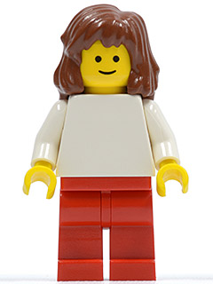 pln113   Minifigure   Plain White Torso with White Arms, Red Legs, Reddish Brown Mid-Length Female Hair