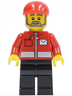 post008 Minifigure Post Office White Envelope and Stripe, Black Legs, Red Short Bill Cap, Gray Beard