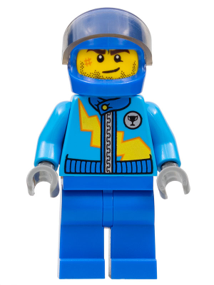 rac055   Minifigure   Dark Azure Racing Jacket with Zipper and Yellow Lightning Bolt Pattern, Blue Helmet, Trans-Brown Visor