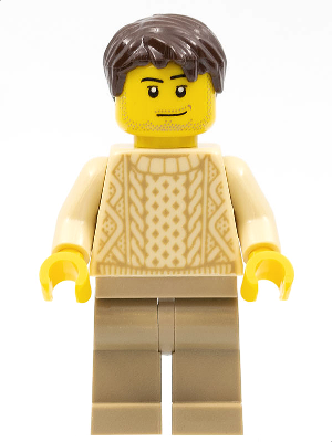 LEGO® Minifigure Race Visitor - Male, Tan Knit Sweater, Dark Tan Legs, Dark Brown Short Tousled Hair, Stubble (sc062)