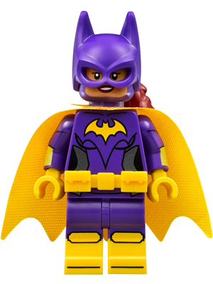 Batgirl - Minifigure, Dark Purple Suit, Yellow Cape, Open Mouth Smile / Concerned