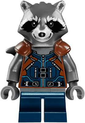 sh0384   Minifigure   Rocket Raccoon - Dark Blue and Reddish Brown Outfit, Dark Bluish Gray Head