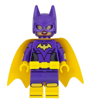 sh0419   Minifigure   Batgirl - Minifigure, Dark Purple Suit, Yellow Cape, Wink and Open Mouth Smile / Angry