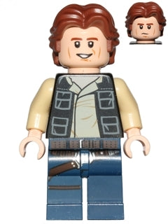 LEGO® Minifigure Han Solo - Black Vest with Pockets over Tan Shirt with Dark Tan Creases, Dark Blue Legs with Belts, Wavy Hair (sw0771) - USED