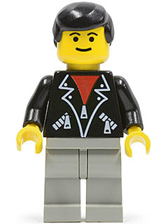 trn085 Minifigure Leather Jacket with Zippers - Light Gray Legs, Black Male Hair