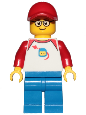 trn247 Minifigure Man - Classic Space Shirt with Red Sleeves, Blue Legs, Red Cap