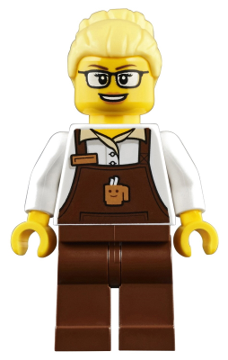 trn249 Minifigure Barista - Female, Reddish Brown Apron with Cup and Name Tag, Reddish Brown Legs, Bright Light Yellow Hair, Glasses