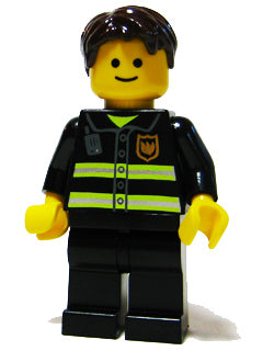 twn091 Minifigure Fire - Reflective Stripes, Black Legs, Dark Brown Short Tousled Hair