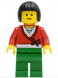 LEGO® Minifigure Sweater Cropped with Bow, Heart Necklace, Green Legs, Black Bob Cut Hair (twn103)
