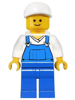 LEGO® Minifigure Overalls Blue over V-Neck Shirt, Blue Legs, White Short Bill Cap (twn138) - USED