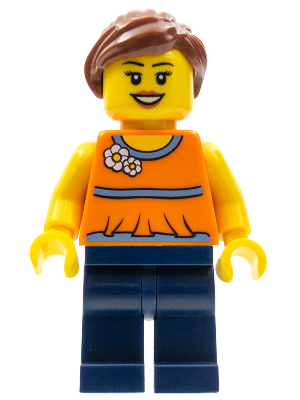 LEGO® Minifigure Orange Halter Top with Medium Blue Trim and Flowers Pattern, Dark Blue Legs, Reddish Brown Ponytail and Swept Sideways Fringe (twn185)