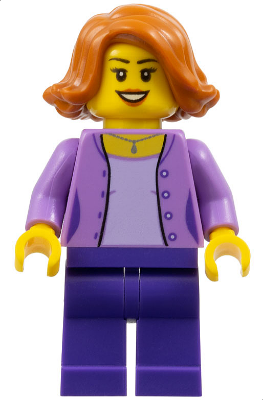 twn299   Minifigure   Mom - Medium Lavender Jacket over Lavender Shirt, Dark Purple Legs, Dark Orange Female Hair Short Swept Sideways