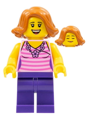 twn330  Minifigure  Woman, Striped Pink Shirt with Flower Necklace, Dark Purple Legs, Dark Orange Female Hair Short Swept Sideways