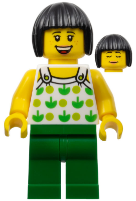 LEGO® Minifigure Ludo Green - Female, White Halter Top with Green Apples and Lime Spots, Green Legs, Black Bob Cut Hair, Freckles (twn350)