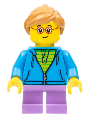 twn362 Minifigure Child - Girl, Dark Azure Hoodie, Medium Lavender Short Legs, Medium Nougat Ponytail Hair, Glasses, Freckles