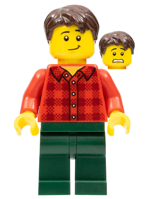 twn363 Minifigure Man, Red Plaid Flannel Shirt, Dark Green Pants, Dark Brown Hair