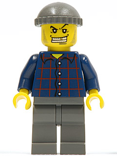 LEGO® Minifigure Plaid Button Shirt, Dark Gray Legs, Dark Gray Knit Cap, White Teeth with Gold Tooth, Stubble (Armored Car Bandit) (wc002)